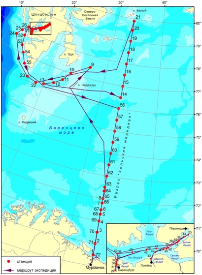 Карта-схема маршрута и расположения станций комплексной морской экспедиции на НИС &ldquo;Дальние Зеленцы&rdquo; 03 ноября &ndash; 13 декабря 2015 г.